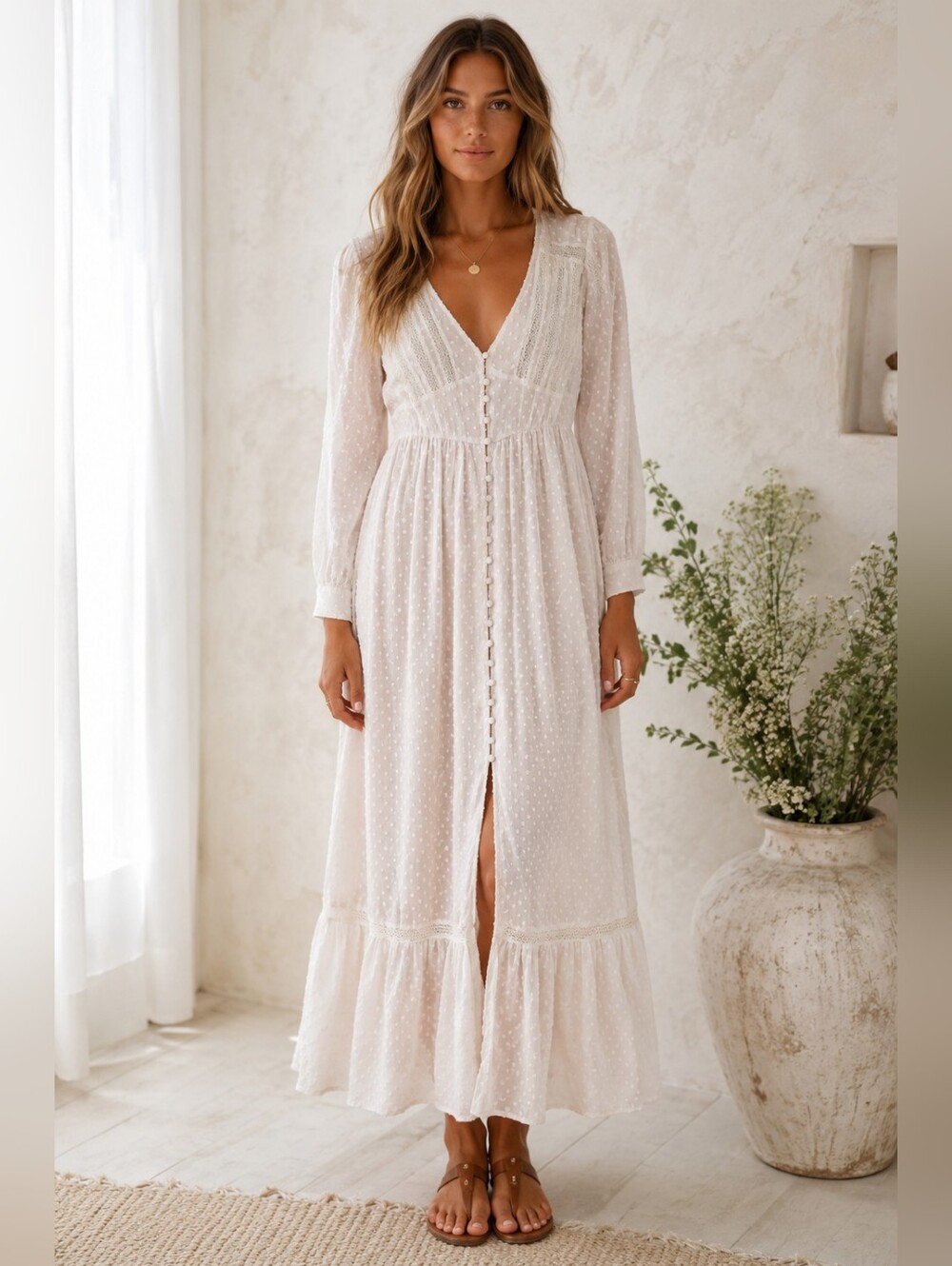 Cream Swiss Dot Lace Maxi Dress | Romantic Cottagecore Boho